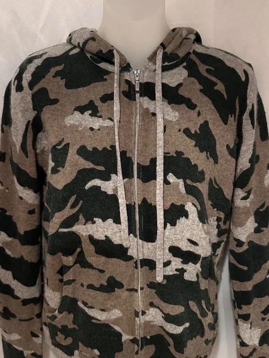 100% Cashmere Green Camouflage Hoodie Cardigan Sweater Size XS - Picture 2 of 4